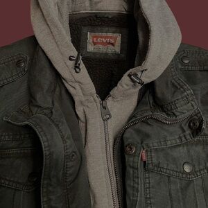 LEVI’S Coat | Attached Gray Hooded Sweatshirt | Sz XL | Sherpa Lined Jacket